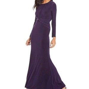 Adrianna Papell Purple Maxi Size 8 Aubergine Ruched Draped Long Sleeve Jersey